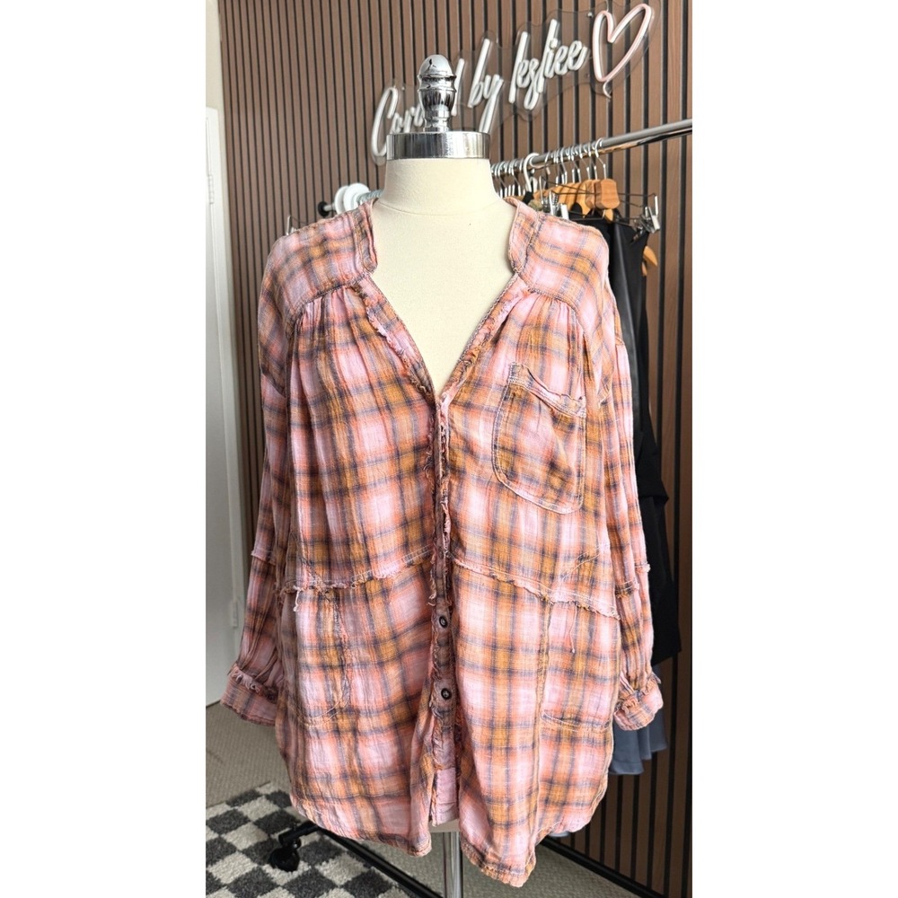 Free People One Of The Boys Tunic Women Small Pink Plaid Raw Edge Tie Back Shirt